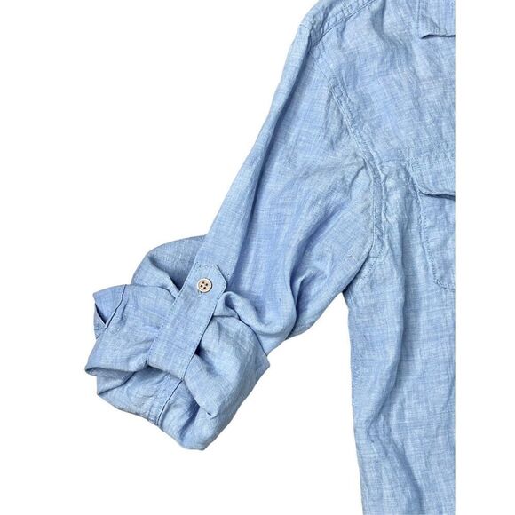 Ocean & Coast Blue Spread Collar Tab Sleeve Button Up Linen Shirt sz MEDIUM - Picture 5 of 11